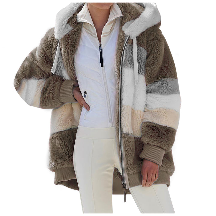 Women nan oversized faux fur jacket with hood, block stripe look and double zipper Mune Fashion