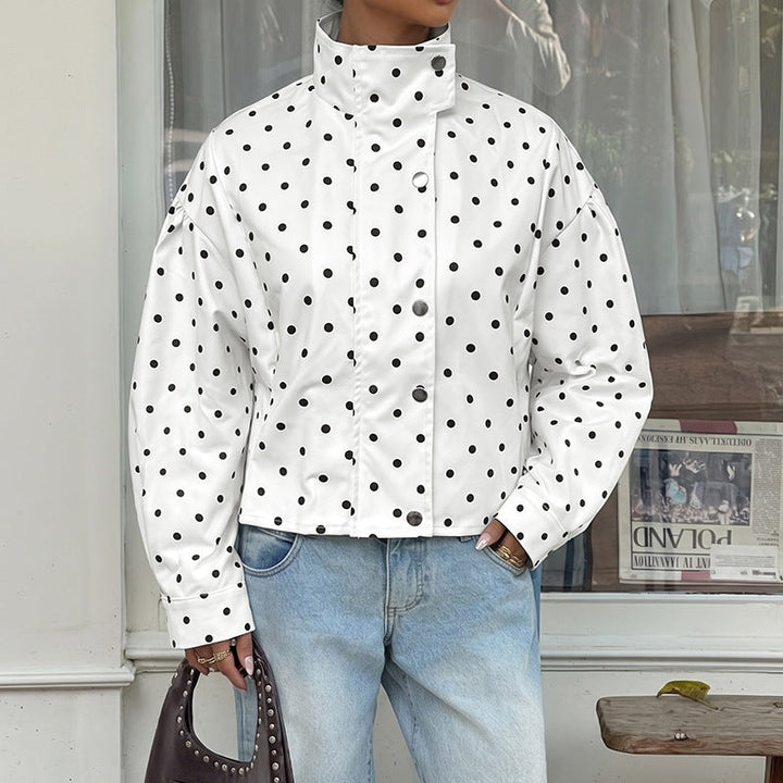 Women's short cut polka dot transitional jacket with stand-up collar and snap button closure Mune Fashion