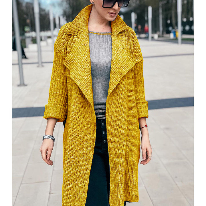 Women Long Open Knit Coat with Shawl Collar and Cuffed Sleeves Mune Fashion