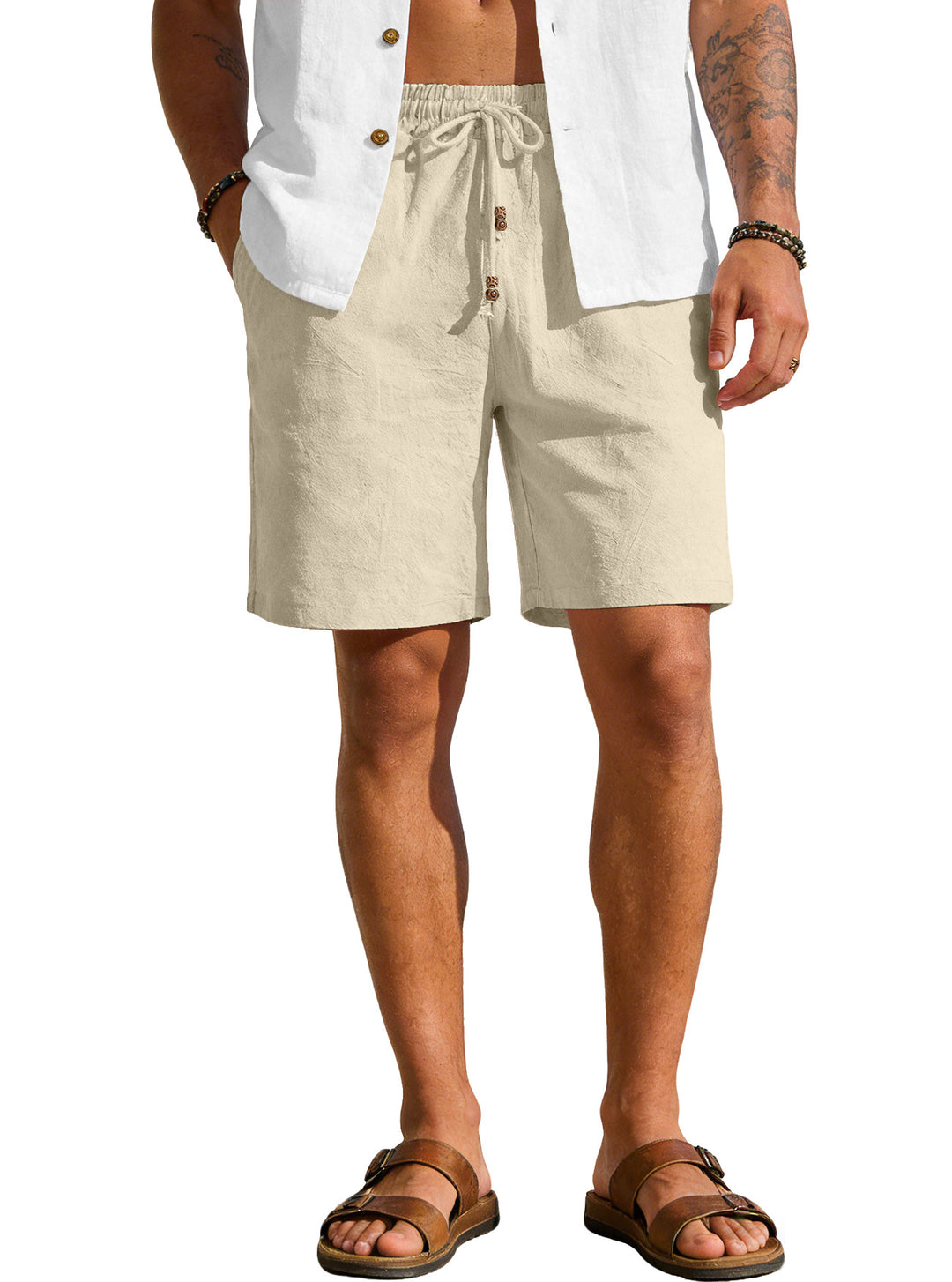 Men's lightweight beach Bermuda shorts made of linen blend with elastic waistband, drawstring and decorative button placket Mune Fashion