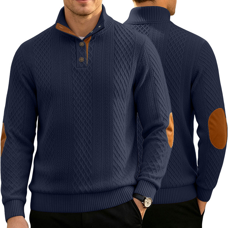 Men's Cable Knit Jumper with Stand-Up Collar and Leather Look Elbow Patches Mune Fashion