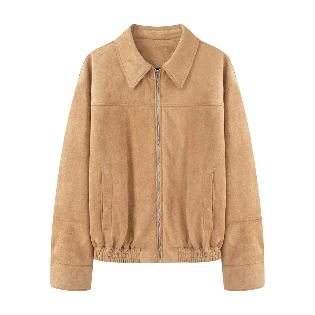 Women's velvety faux leather bomber jacket with shirt collar, zipper, and elastic hem Mune Fashion