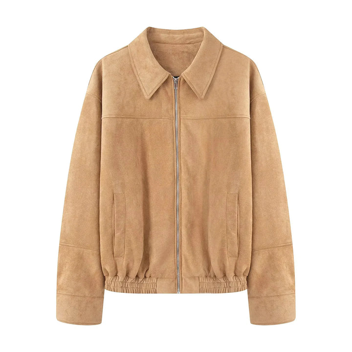 Women's velvety faux leather bomber jacket with shirt collar, zipper, and elastic hem Mune Fashion