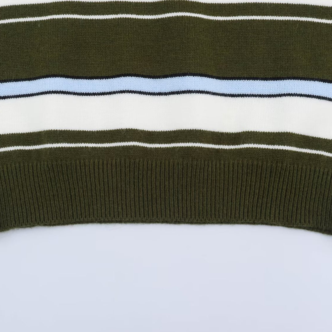 Women's Striped Polo Collar Sweater with Button Placket and Ribbed Cuffs Mune Fashion