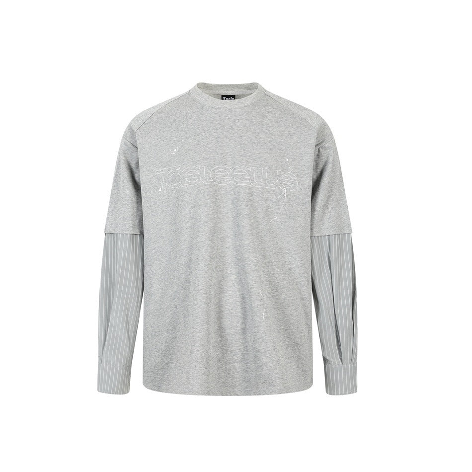 Unisex Layer Long Sleeve Shirt with Half Sleeve Overlay, Striped Contrast Sleeves and Tone-on-Tone Logo Mune Fashion
