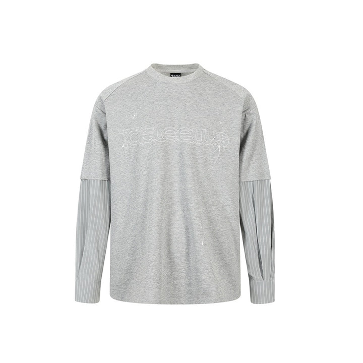 Unisex Layer Long Sleeve Shirt with Half Sleeve Overlay, Striped Contrast Sleeves and Tone-on-Tone Logo Mune Fashion