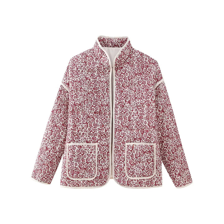 Women's quilted floral jacket with stand-up collar, zipper, and patch pockets Mune Fashion