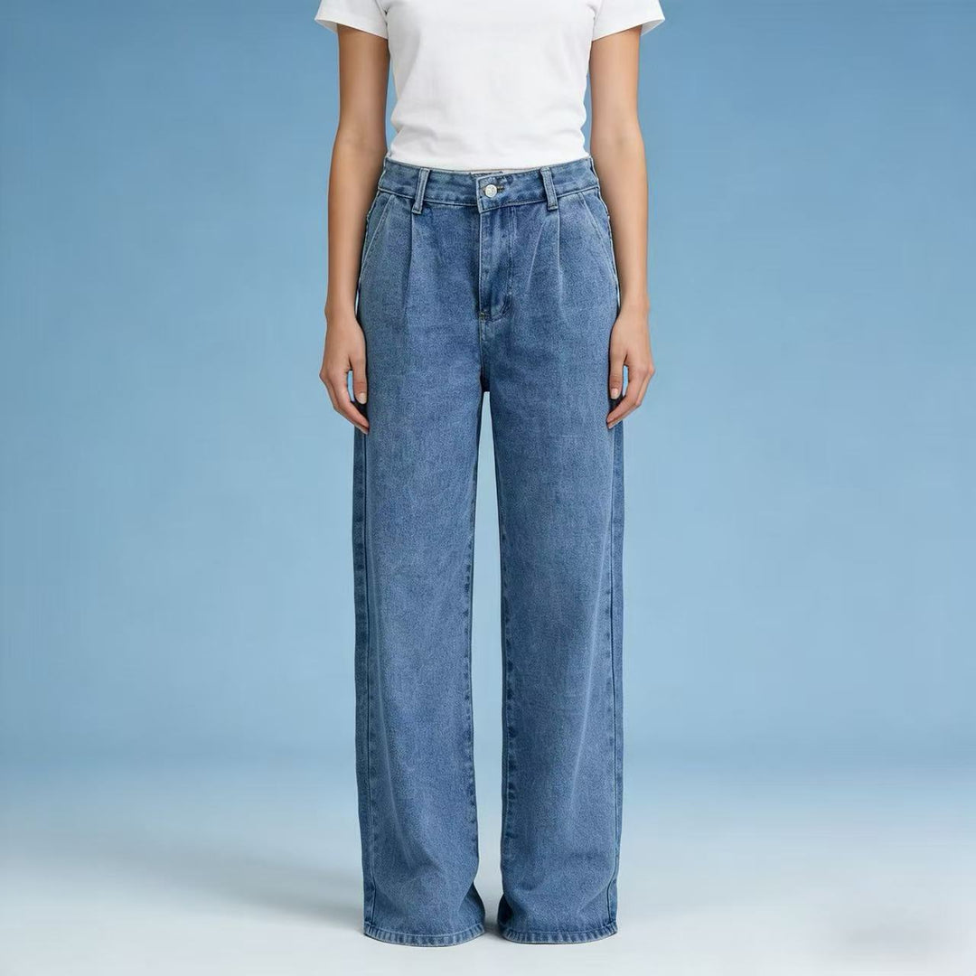 Women’s high-waisted pleated wide-leg jeans with a high waistband and belt loops Mune Fashion