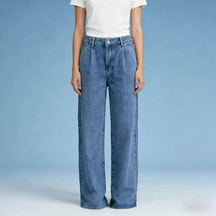 Women’s high-waisted pleated wide-leg jeans with a high waistband and belt loops Mune Fashion