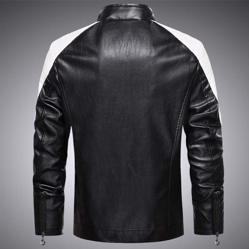 Men's biker faux leather jacket in racing style with stand-up collar and zippered pockets Mune Fashion