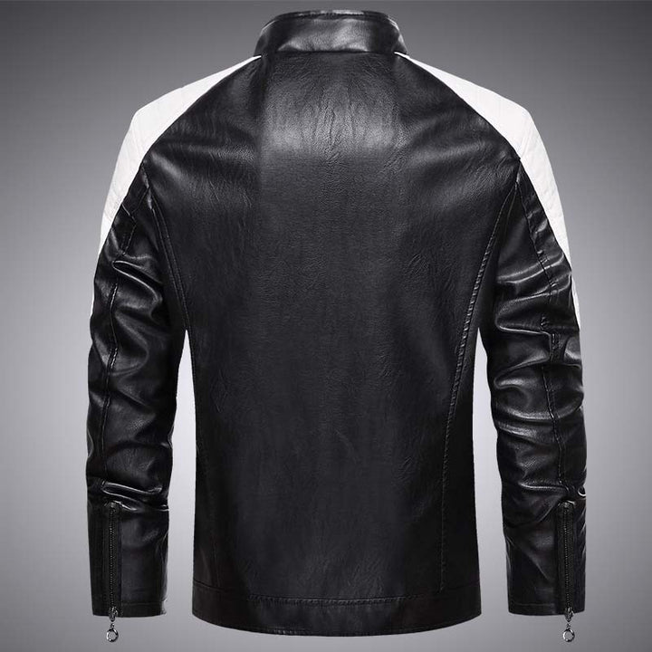Men's biker faux leather jacket in racing style with stand-up collar and zippered pockets Mune Fashion