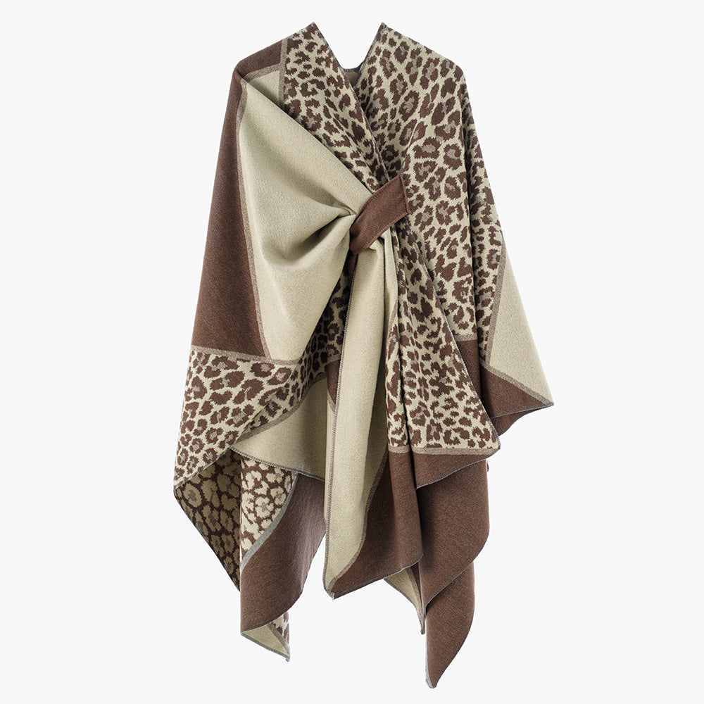 Women's Reversible Fine Knit Cape with Tonal Leo Jacquard and Strap Guide Mune Fashion
