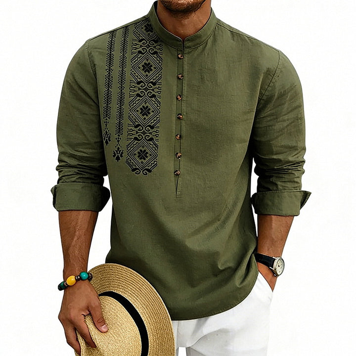 Men's embroidered linen henley shirt with stand-up collar and ethnic chest motif Mune Fashion