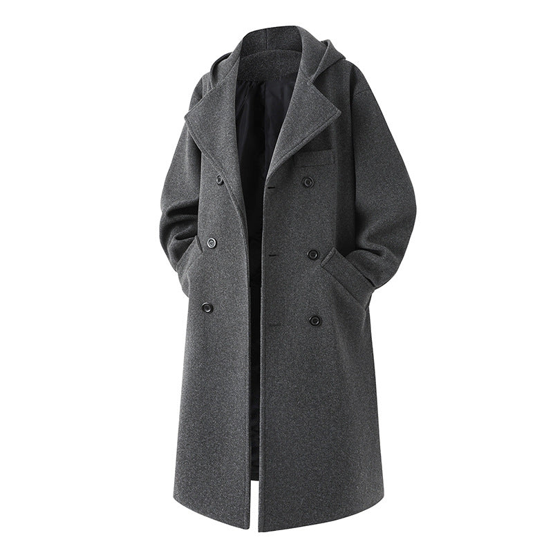 Men's nan Oversize pea coat with hood, double-breasted button placket, and warming quilted lining inside Mune Fashion