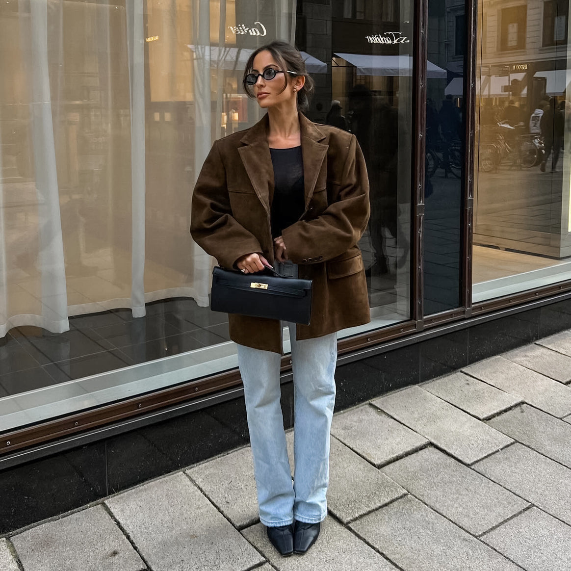 Women Oversized Suede Blazer with Lapels and Flap Pockets Mune Fashion