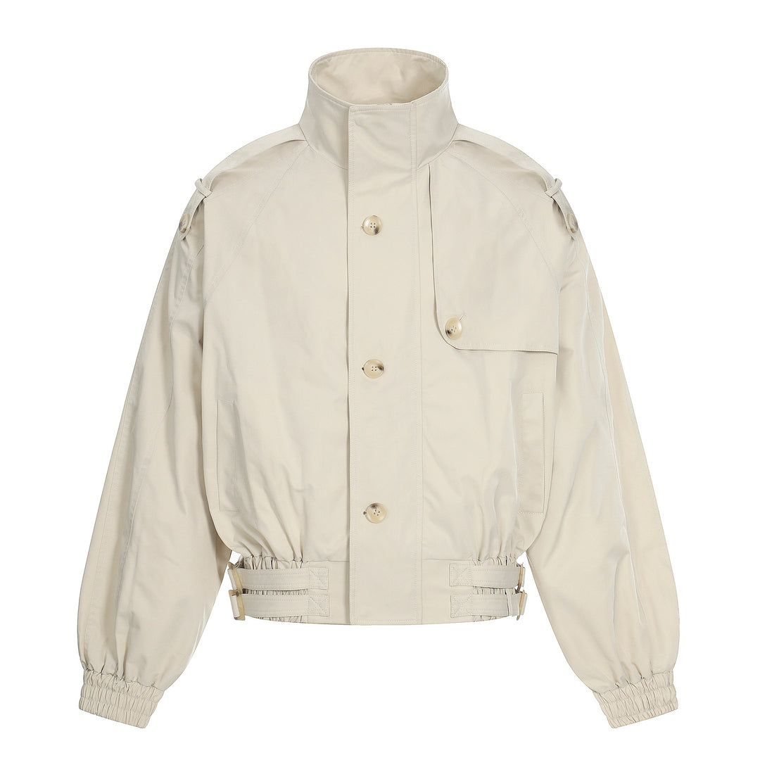 Women's short-cut boxy trench coat with high funnel collar, shoulder flaps, and adjustable waist belt Mune Fashion
