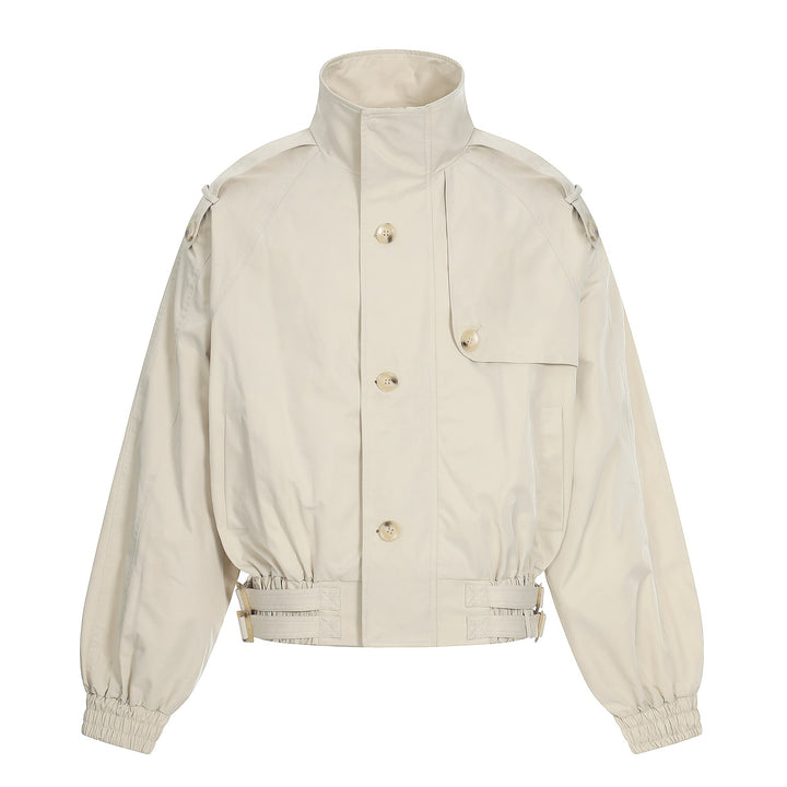 Women's short-cut boxy trench coat with high funnel collar, shoulder flaps, and adjustable waist belt Mune Fashion