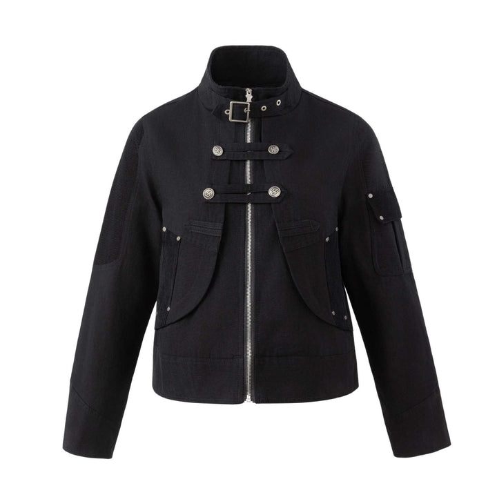 Men's military-inspired short jacket with stand-up collar, belt straps, and decorative flap pockets Mune Fashion