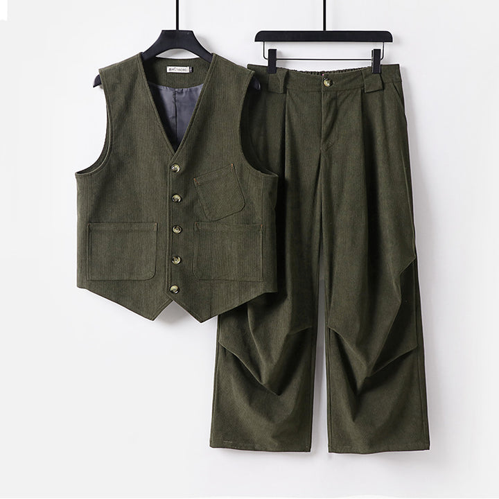 Men's Two-Piece Vest and Pleated Trousers Set in Modern Workwear Style Mune Fashion