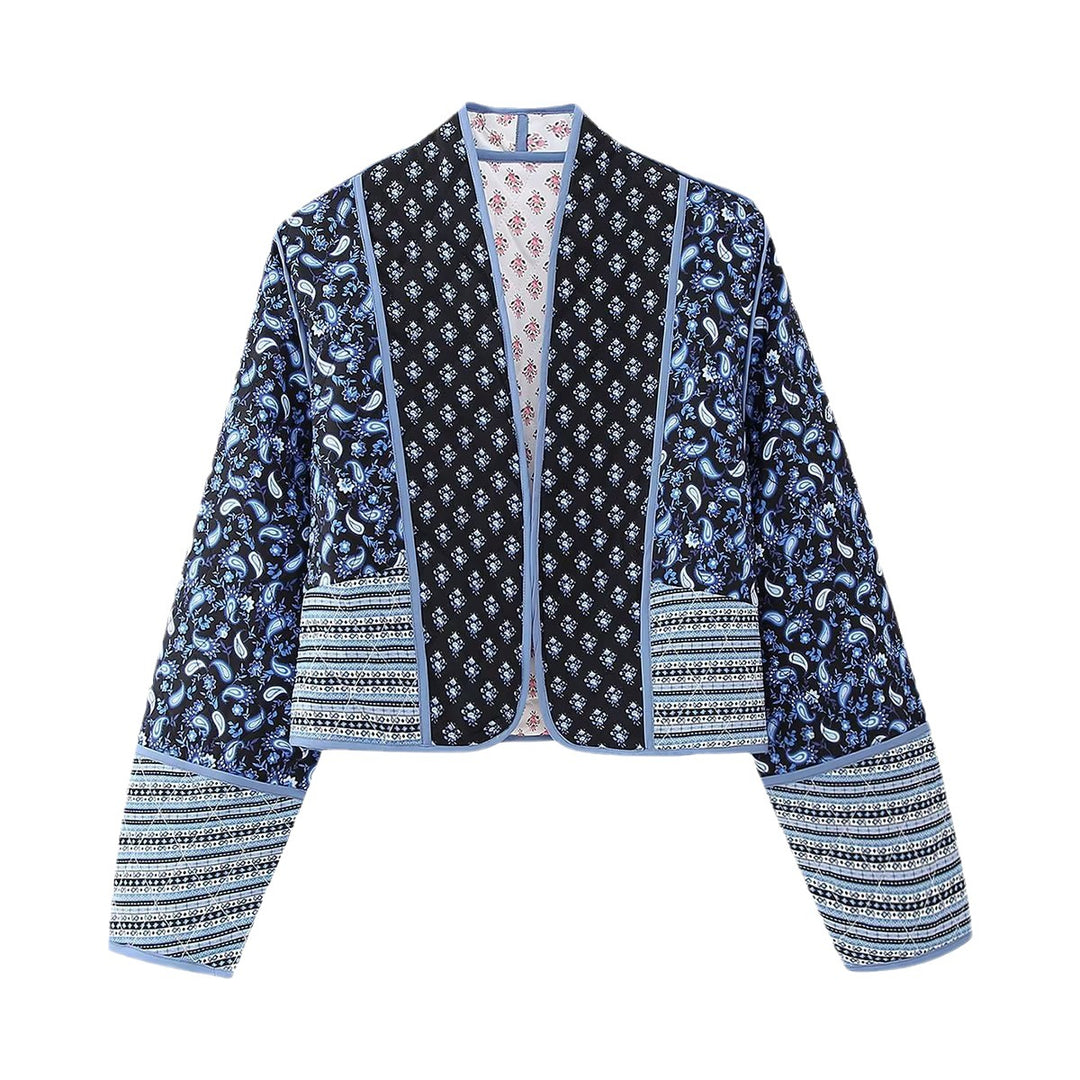 Women's Short Quilted Patchwork Jacket with Paisley and Floral Prints, Open Kimono Cut and Contrast Piping Mune Fashion