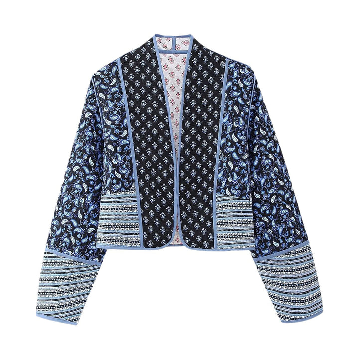 Women's Short Quilted Patchwork Jacket with Paisley and Floral Prints, Open Kimono Cut and Contrast Piping Mune Fashion