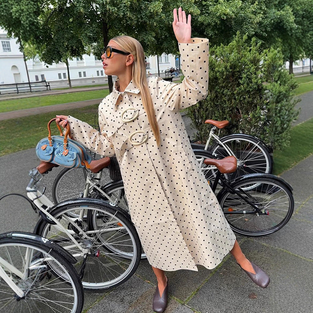 Women's long cut polka dot trench coat with oversized embellishments and boxy cut Mune Fashion
