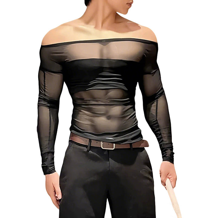 Ladies' sheer mesh long sleeve top with opaque chest band and wide round neckline Mune Fashion
