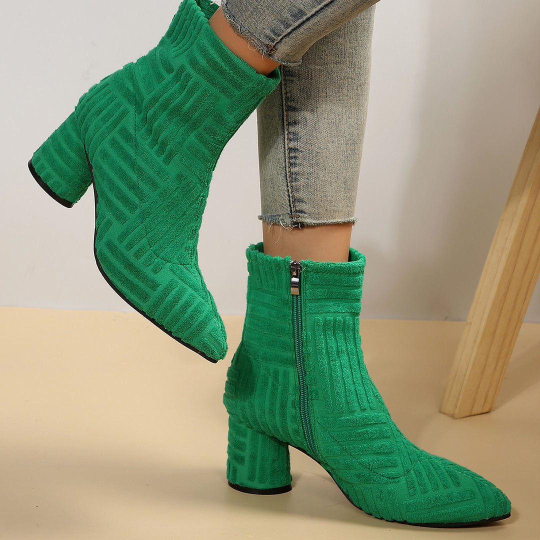 Women's Textured Ankle Boots with Pointed Toe and Block Heel Mune Fashion