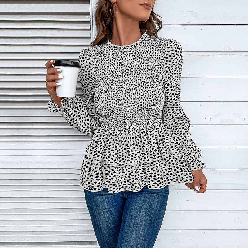 Women's Smocked Ruffle Blouse with Ruffled Waist and Long Sleeves Mune Fashion