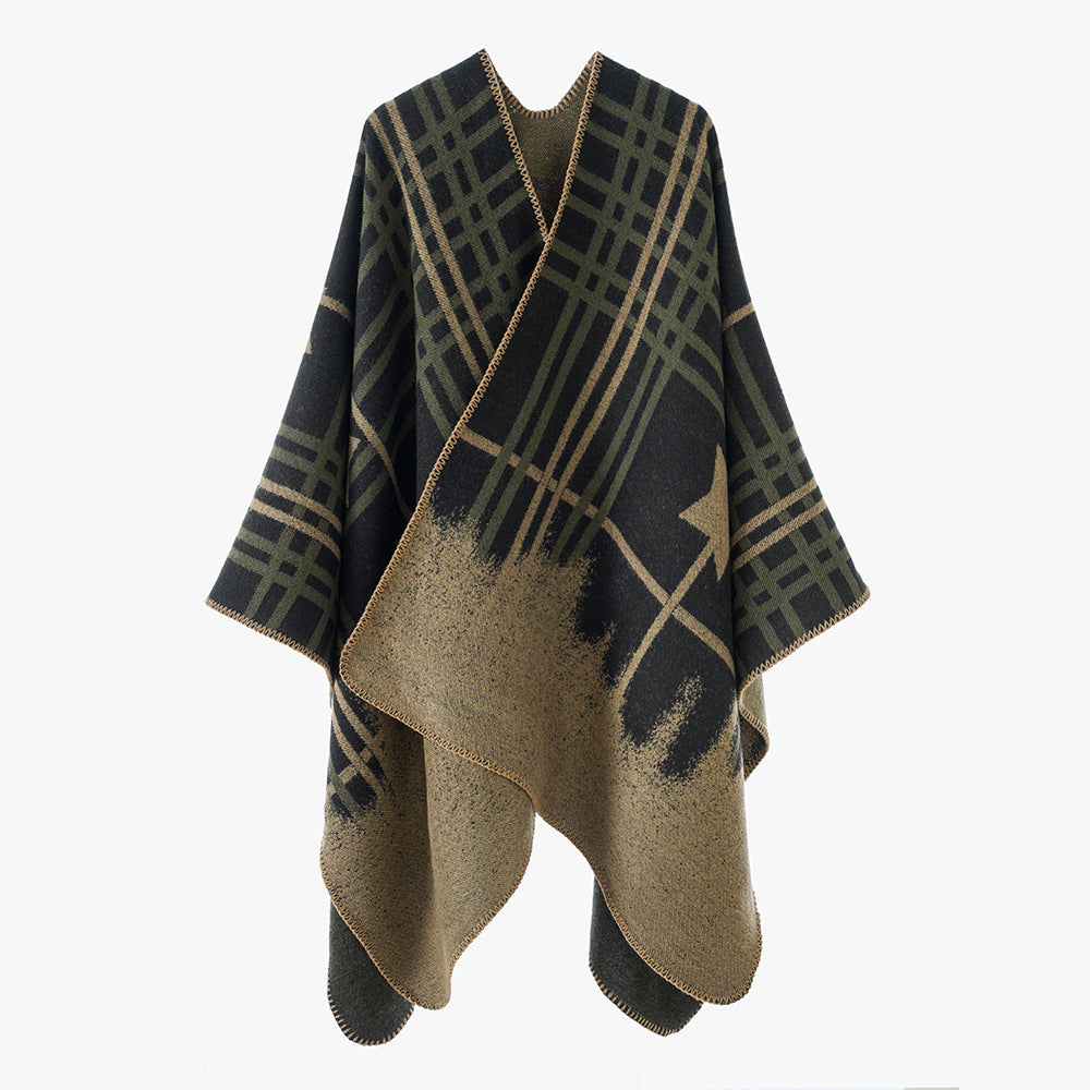 Women's Oversize Cape Poncho made of wool mix with star and check jacquard and softly falling drape