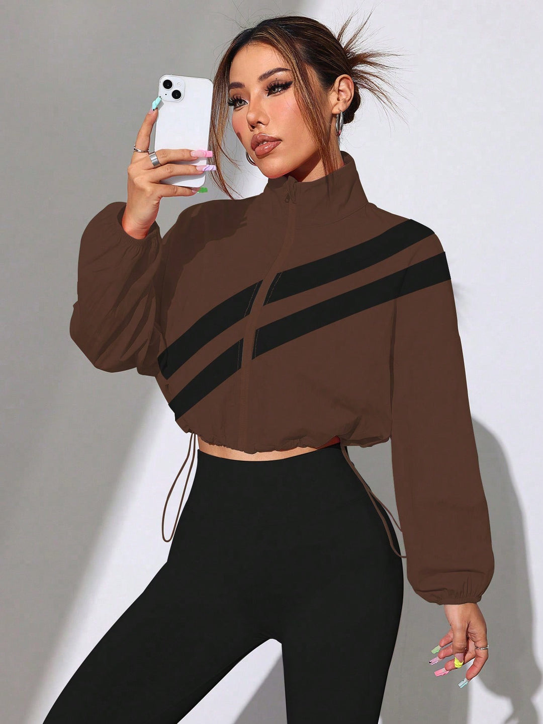Women's Cropped Windbreaker Jacket with High Collar and Drawstring Mune Fashion