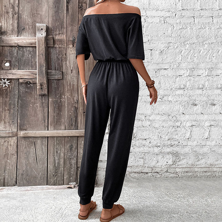 Women's Off-Shoulder Casual Jumpsuit with Drawstring Waist and Long Pants Legs Mune Fashion