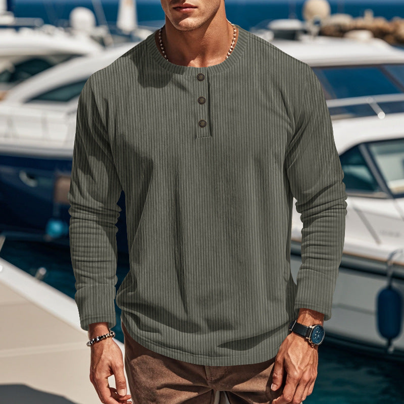 Men's knitted long sleeve henley pullover with short stand-up collar and decorative button placket Mune Fashion