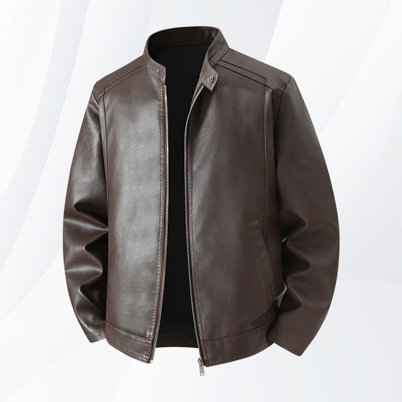 Men's Simple Faux Leather City Jacket with Stand Collar, Two-Way Zipper & Side Pockets Mune Fashion