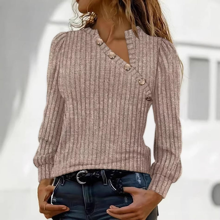 Women's Ribbed Fine Knit Sweater with Asymmetrical Button Placket Drune