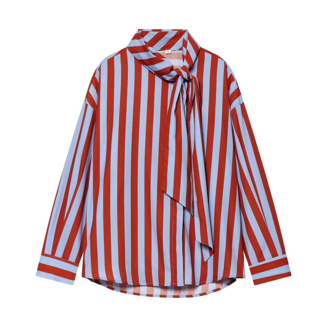 Women's Oversized Blouse with Bow Collar and Fine Stripes Mune Fashion