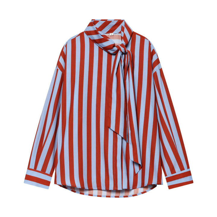 Women's Oversized Blouse with Bow Collar and Fine Stripes Mune Fashion