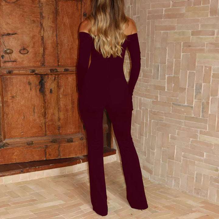 Women's off-shoulder fitted jumpsuit with lace-up bustier, hip gathering and flared pants Mune Fashion
