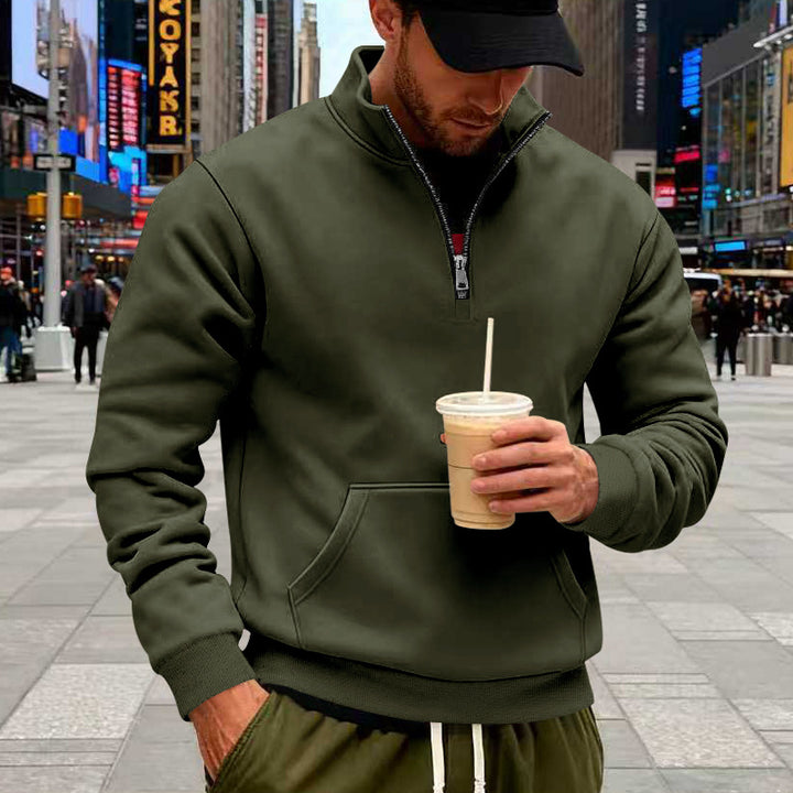 Men's half-zip sweatshirt with kangaroo pocket, elastic ribbed cuffs, and high stand-up collar Mune Fashion