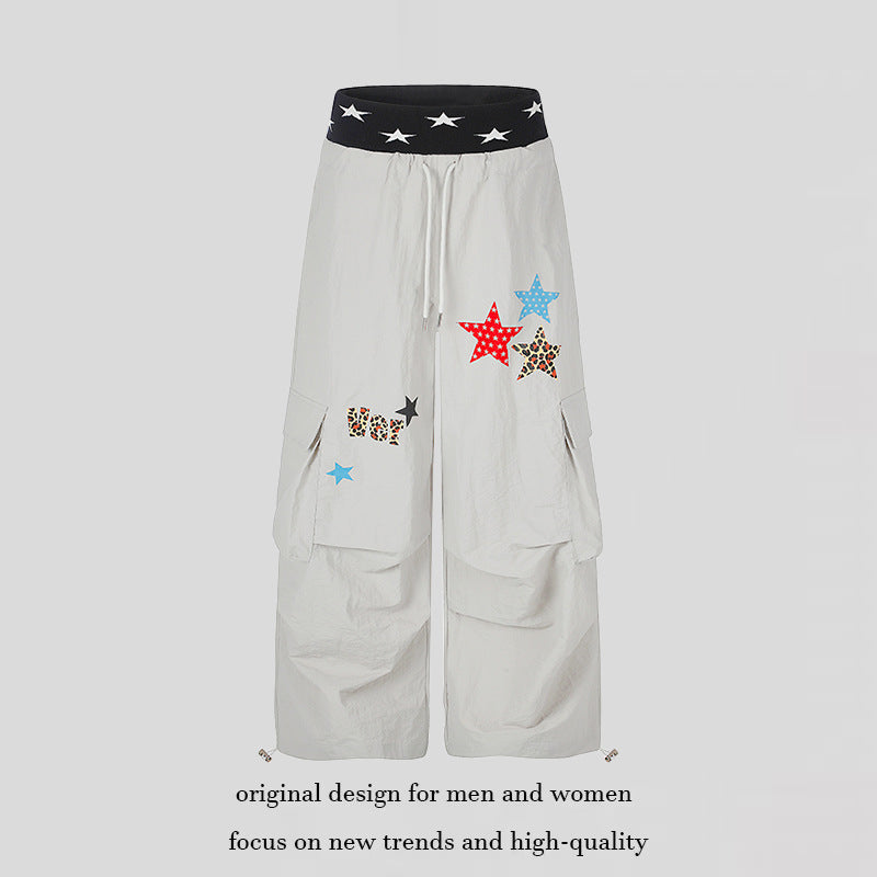 Women's Extra Wide Cargo Palazzo Pants with Star Jacquard Waistband, Drawstring and Playful Star Applications