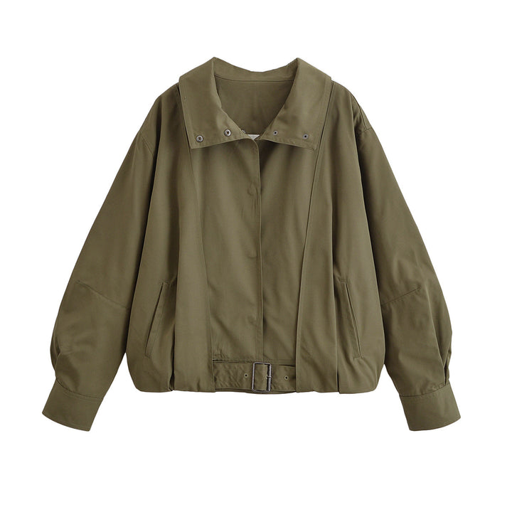 Women Oversize Bomber Jacket with Waist Belt and Stand-up Collar Mune Fashion
