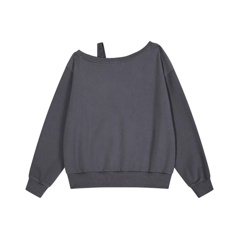 Women's Oversize Sweatshirt with Asymmetric One-Shoulder Strap, Kangaroo Pocket and Studs Mune Fashion