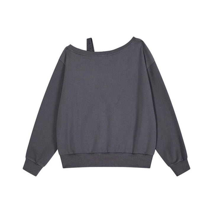 Women's Oversize Sweatshirt with Asymmetric One-Shoulder Strap, Kangaroo Pocket and Studs Mune Fashion
