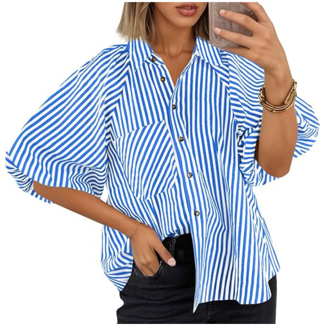 Women Oversize Shirt with Balloon Sleeves and Striped Pattern Mune Fashion