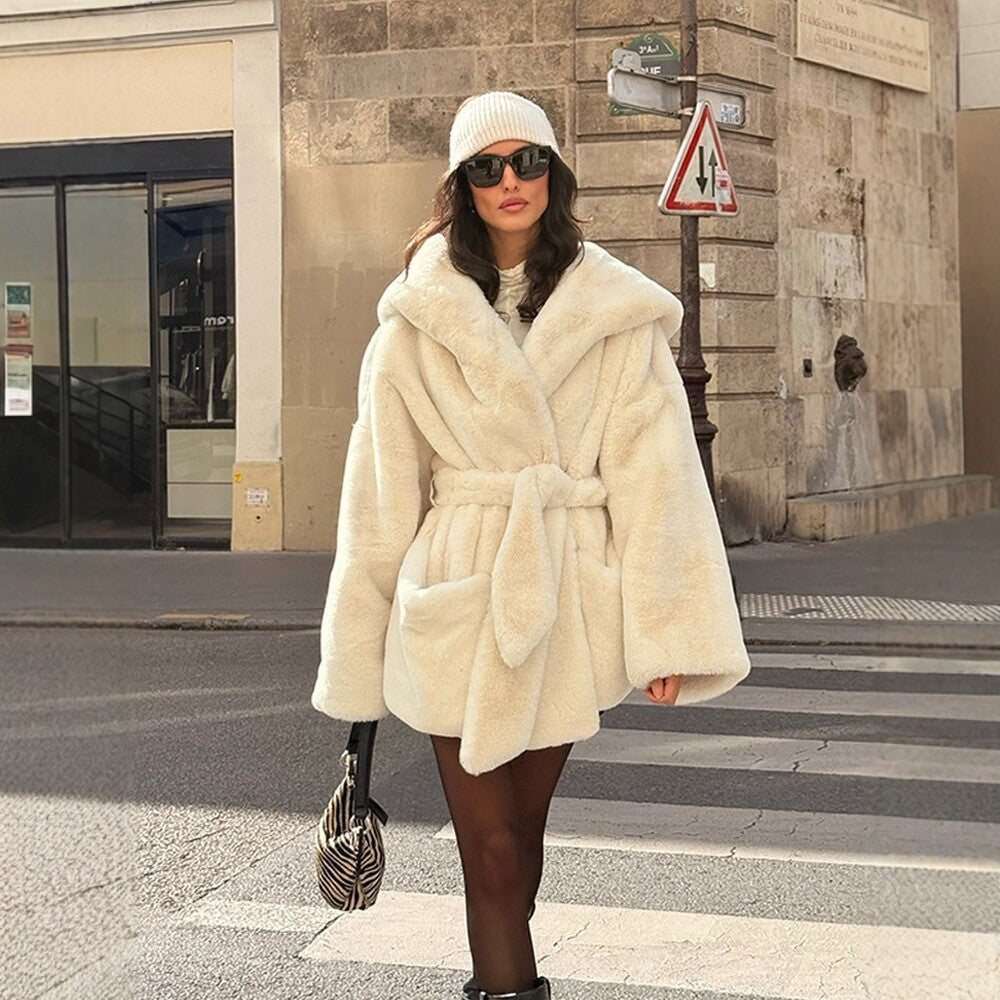 Women's Boxy Teddy Jacket with Wrap Belt and Oversized Shawl Collar Mune Fashion