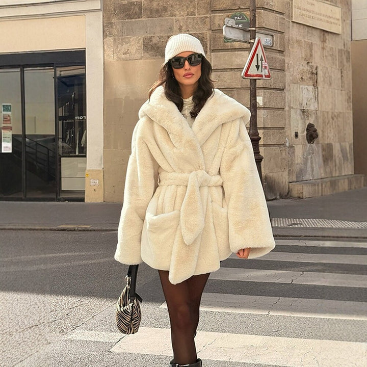 Women's Boxy Teddy Jacket with Wrap Belt and Oversized Shawl Collar Mune Fashion