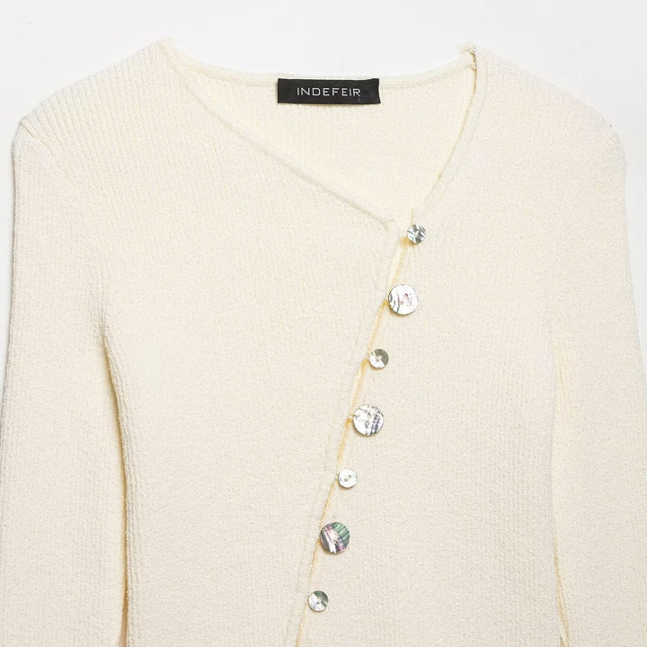 Women Asymmetrical Boucle Cardigan with V-Neck and Decorative Button Placket Mune Fashion