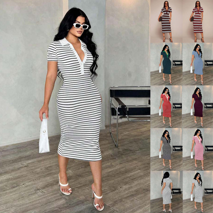 Women's Fitted Polo Dress in Stripe Look made of Rib Knit with Short Sleeves Mune Fashion