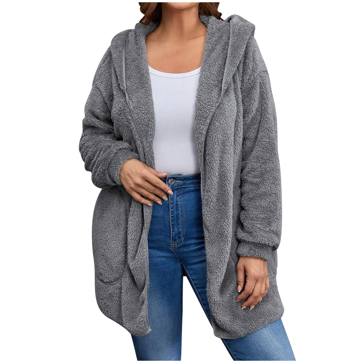 Women's cozy teddy fleece hooded jacket with large patch pockets and relaxed silhouette Mune Fashion
