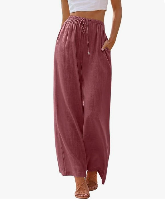 Women's wide linen pants with elastic waistband, drawstring, and side pockets Mune Fashion